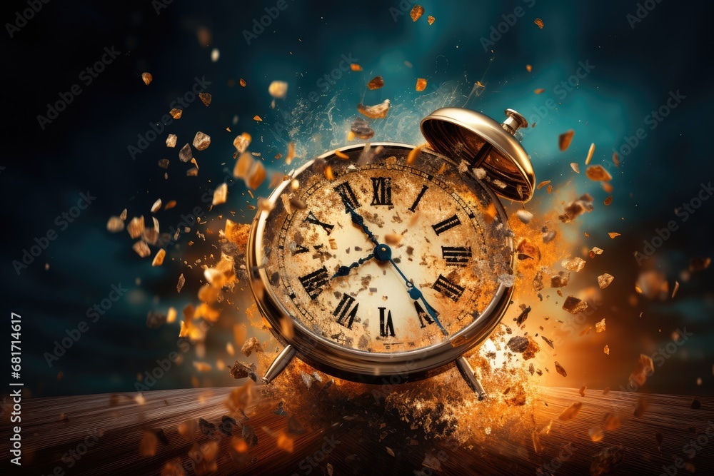 Poster time concept with vintage alarm clock flying in the air. 3d rendering, time is running out concept s