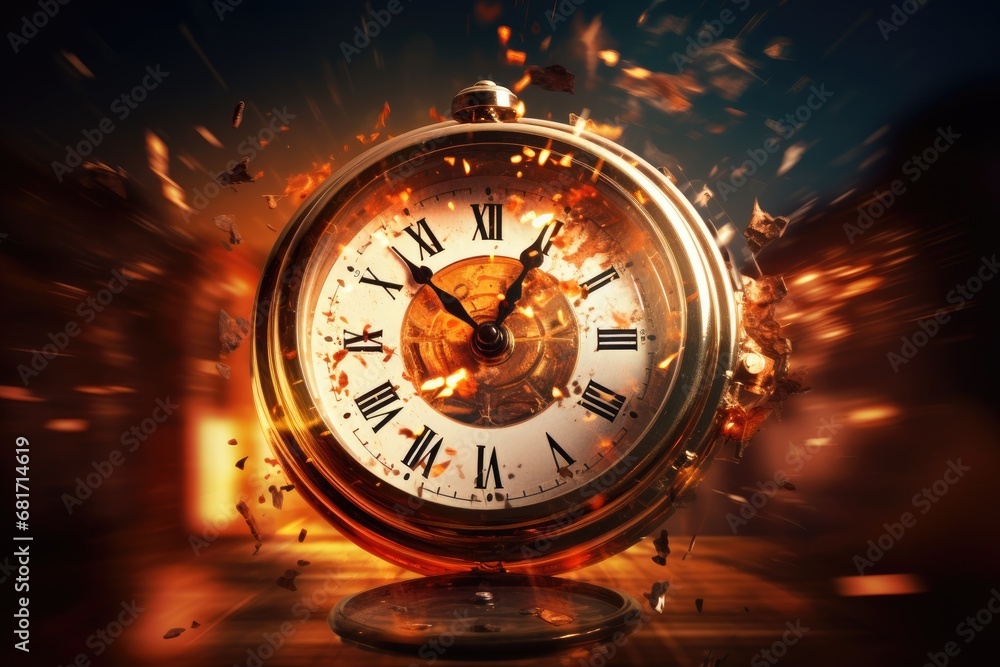 Poster vintage alarm clock on fire background. time concept. 3d rendering, time is running out concept show