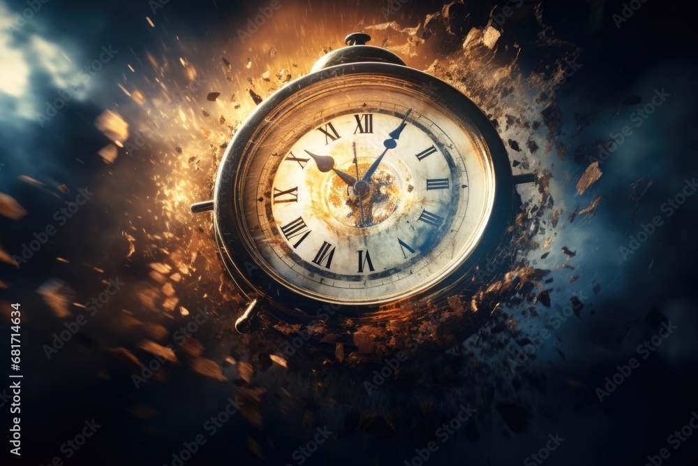 Poster vintage alarm clock with falling sparks on background. time concept, time is running out concept sho
