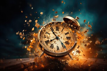 Time concept with vintage alarm clock flying in the air. 3d rendering, Time is running out concept shows clock that is dissolving away into little particles , AI Generated