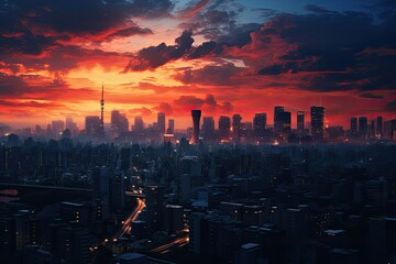 Fototapeta premium Beautiful cityscape with skyscrapers at sunset, 3d render, Tokyo city at sunset, AI Generated