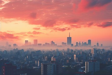 Naklejka premium Aerial view of modern city at sunrise, Taipei, Taiwan, Tokyo city at sunset, AI Generated