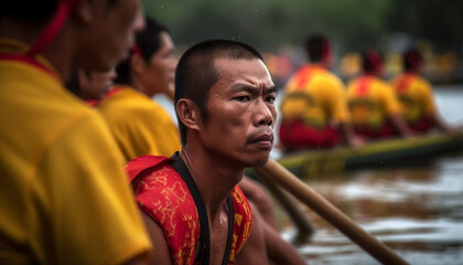 Fototapeta na wymiar Smiling monk rows nautical vessel in traditional festival parade generated by AI