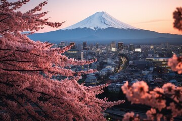 Mt Fuji and Cherry Blossom at Kawaguchiko, Japan, Tokyo Shinjuku building and Mt. Fuji at Behind, AI Generated
