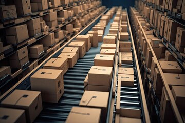Cardboard boxes on conveyor belt in warehouse. 3d rendering, Top view of boxes on conveyor belt, AI Generated
