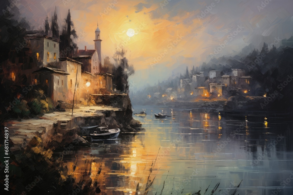 Sticker digital painting of a small village on the bank of a lake at sunset, town in the evening, impression