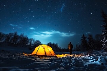 Night camping in the winter forest. A man stands near the tent and looks at the starry sky, Tourist with flashlight near yellow tent lighted from the inside against the backdrop, AI Generated - obrazy, fototapety, plakaty