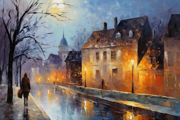 Fototapeta premium Watercolor painting of a winter street in the old town of Bruges, Belgium, town in the evening, impressionism oil painting, AI Generated