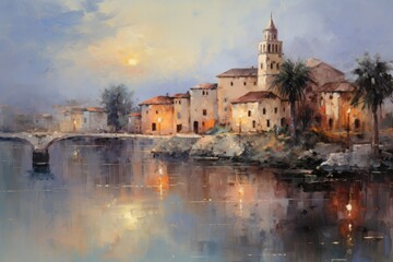 Fototapeta premium Digital painting of the medieval city of Rovinj, Croatia, town in the evening, impressionism oil painting, AI Generated
