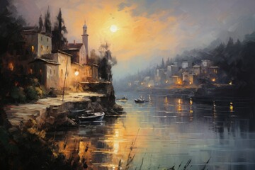 Digital painting of a small village on the bank of a lake at sunset, town in the evening, impressionism oil painting, AI Generated