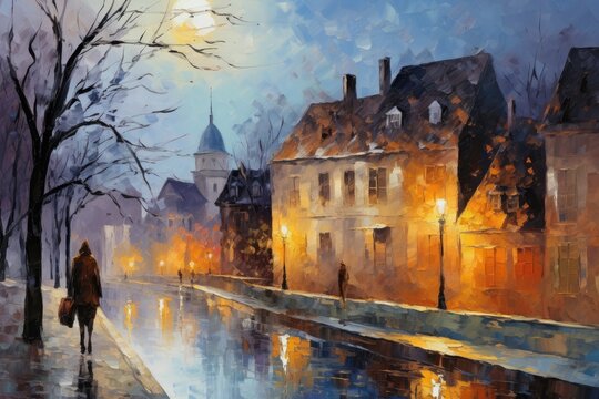 Fototapeta Watercolor painting of a winter street in the old town of Bruges, Belgium, town in the evening, impressionism oil painting, AI Generated