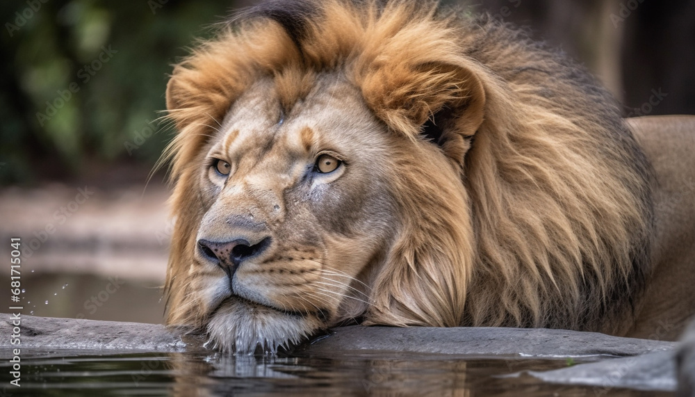 Canvas Prints Majestic lion resting in the savannah, staring with selective focus generated by AI