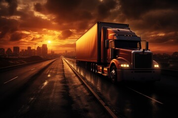 Truck on the road at sunset, transportation and logistics concept, Truck and highway at sunset, AI Generated
