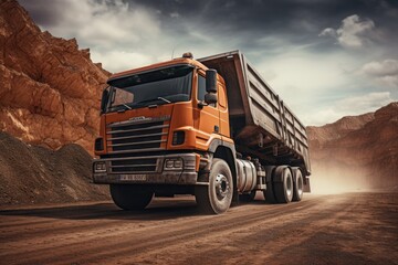 Truck on the road in a quarry. 3d rendering, Truck for loading bulk cargo of iron ore at a construction site, AI Generated - obrazy, fototapety, plakaty