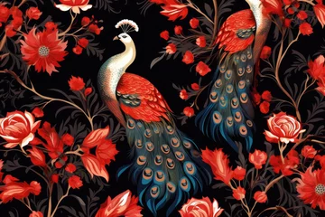 Stof per meter Peacock and red flowers. Seamless pattern on black background, Turkey floral pattern. Abstract art graphic line flower. Ornate elegant luxury vintage retro modern style., AI Generated © Iftikhar alam