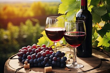 Two glasses of red wine and grapes on wooden table in vineyard, Two glasses of red wine and a bottle in the vineyard with grapes, AI Generated
