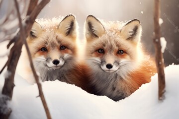 Fototapeta premium Two red foxes in the snow in winter forest, closeup, two small cute foxes in the snow,illustration,animals in the snow, AI Generated
