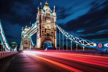 Fototapeta na wymiar Tower Bridge in London at night, UK. Long exposure, UK London Tower Bridge at night, AI Generated