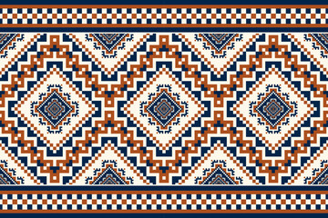 Ethnic geometric border pattern. Vector ethnic geometric square shape seamless pattern pixel art style. Ethnic geometric pattern use for textile border, table runner, wallpaper, carpet, rug, etc. - obrazy, fototapety, plakaty