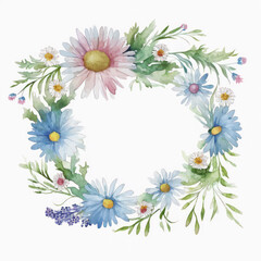 Fototapeta premium Watercolor wreath made with colorful wildflowers and leaves on whitebackground. Generative Ai.
