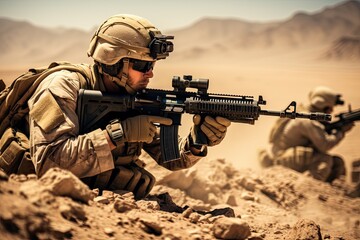 United States Navy special forces soldier with assault rifle in the desert, United States Marine Corps Special forces soldiers in action during a desert mission, AI Generated - obrazy, fototapety, plakaty