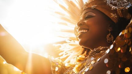 Dazzling samba dancer in a sparkling costume leading the parade at Rio Carnival under the bright sun