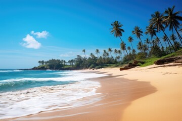 Fototapeta na wymiar Tropical beach with coconut palm trees and blue sky in Sri Lanka, Untouched tropical beach in Sri Lanka, AI Generated