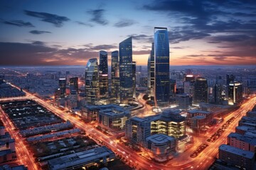 Aerial view of the modern city at night, Moscow, Russia, Urban Dusk Landscape of CBD Central Business District, Beijing, China, AI Generated
