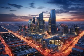 Schilderijen op glas Aerial view of the modern city at night, Moscow, Russia, Urban Dusk Landscape of CBD Central Business District, Beijing, China, AI Generated © Iftikhar alam