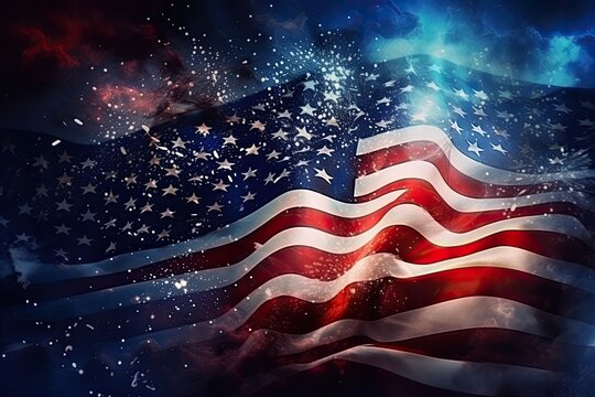 American flag background with stars and stripes. 3d illustration. Elements of this image furnished by NASA, United States of America flag with fireworks background. Independence, AI Generated