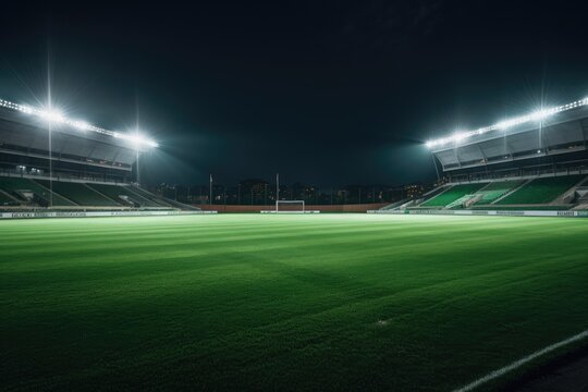 Empty soccer stadium at night with lights and spotlights. Perspective view, universal grass stadium illuminated by spotlights and empty green grass playground, AI Generated