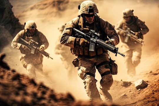 United States Navy special forces soldiers in action on desert background. Selective focus, United States Marine Corps Special forces soldiers in action during a desert mission, AI Generated