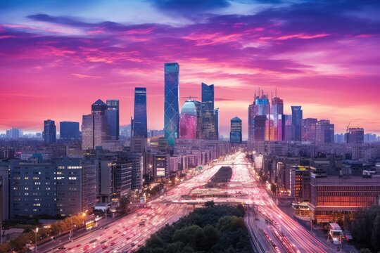 Fototapeta Shanghai cityscape at dusk, China. Shanghai is the capital of China, Urban Dusk Landscape of CBD Central Business District, Beijing, China, AI Generated