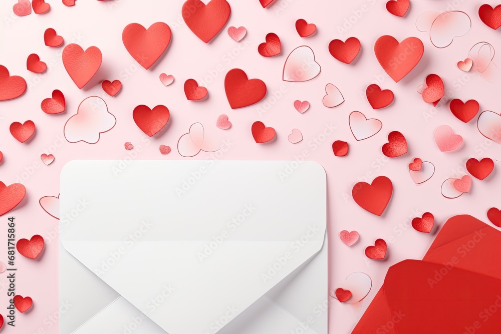 Poster valentine's day background with envelope and hearts. 3d rendering, valentine day background with env