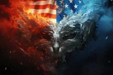 United States of America in the flames of smoke and fire on dark background, usa vs russia war flags divided with fire, AI Generated