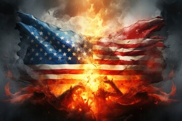 United states of America flag burning in flames with smoke and fire effect, usa vs russia war flags divided with fire, AI Generated - obrazy, fototapety, plakaty