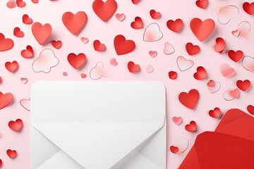 Valentine's day background with envelope and hearts. 3d rendering, Valentine day background with envelope, paper card and various red hearts for love romantic message, AI Generated