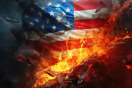 American flag burning in flames on dark background. Close up, usa vs russia war flags divided with fire, AI Generated