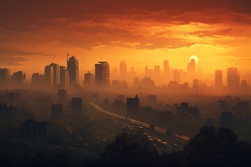 Naklejka premium Foggy cityscape in the morning at sunrise. 3d rendering, Verbotene Stadt in Beijing Panorama, AI Generated
