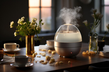Humidity Elegance: Interior Scene Showcasing Aesthetic Humidifiers on a Table
