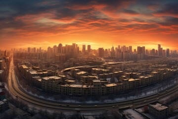 Naklejka na ściany i meble Cityscape at sunset, aerial view of the city, China, Verbotene Stadt in Beijing Panorama, AI Generated
