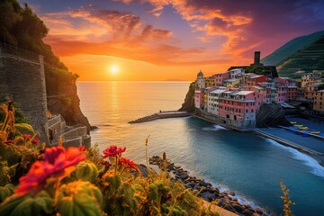Colorful sunset over Vernazza village in Cinque Terre, Italy, Vernazza village and stunning...