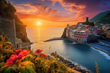 Poster Im Rahmen Colorful sunset over Vernazza village in Cinque Terre, Italy, Vernazza village and stunning sunrise, Cinque Terre, Italy, Europe, AI Generated © Iftikhar alam