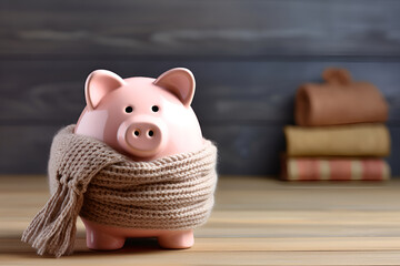 Piggy bank wrapped with a scarf, energy saving concept - obrazy, fototapety, plakaty