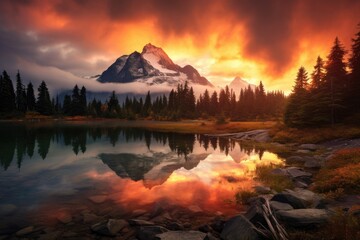 Sunset over Mount Rainier National Park, Washington, USA, View from Picture lake of Mount Shuksan while the sunrise breaks through a incoming storm during the fall season, AI Generated