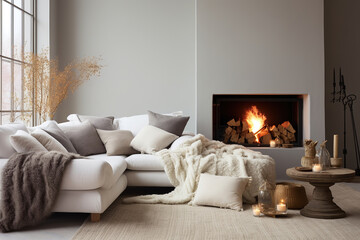 Interior design of modern living room with White sofa with pillows and woolen blanket near fireplace