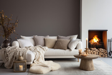 Interior design of modern living room with White sofa with pillows and woolen blanket near fireplace