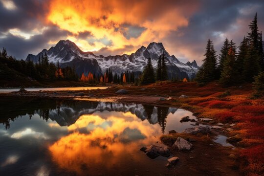 Autumn in the Canadian Rockies. The concept of active, ecological and photo tourism, View from Picture lake of Mount Shuksan while the sunrise breaks through a incoming storm, AI Generated