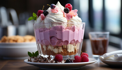 Freshness and indulgence in a bowl of gourmet berry dessert generated by AI