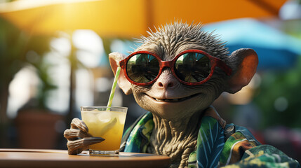 Futuristic photo of a joyful friendly alien in a Hawaiian shirt holding a cocktail glass in a cafe on a tropical beach